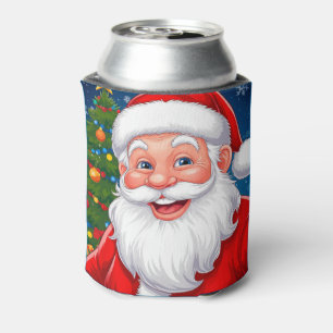 Smiling Christmas Santa Claus in Red Hat Can Cooler