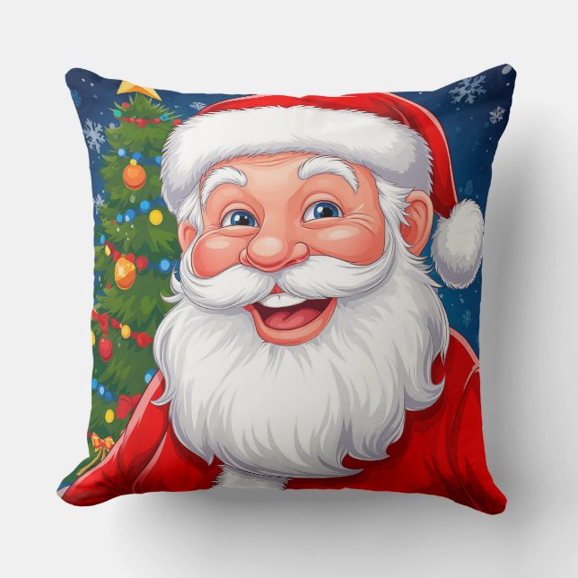 Smiling Christmas Santa Claus in Red Hat Cushion (Front)
