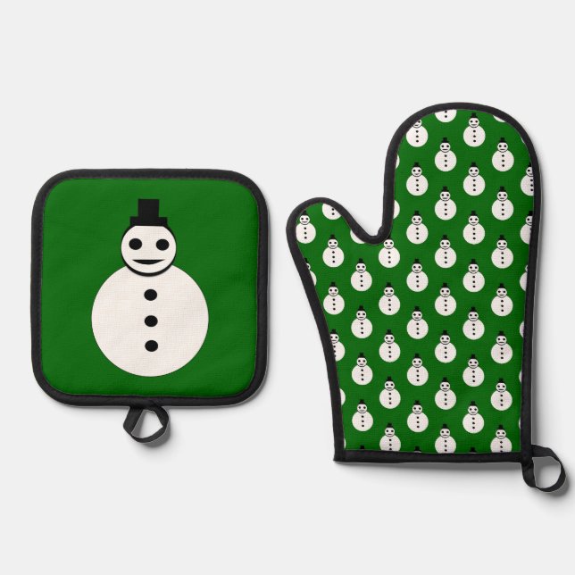 Smiling Christmas Snowman Oven Mitt & Pot Holder Set (Front)