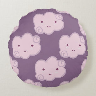 Smiling cloud sky seamless pattern on lilac backgr round cushion