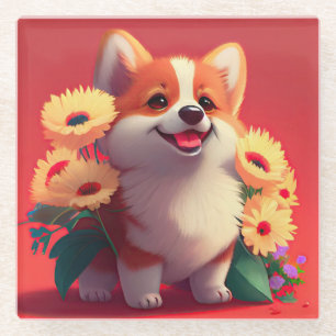 Smiling Corgi Dog with Flowers Glass Coaster