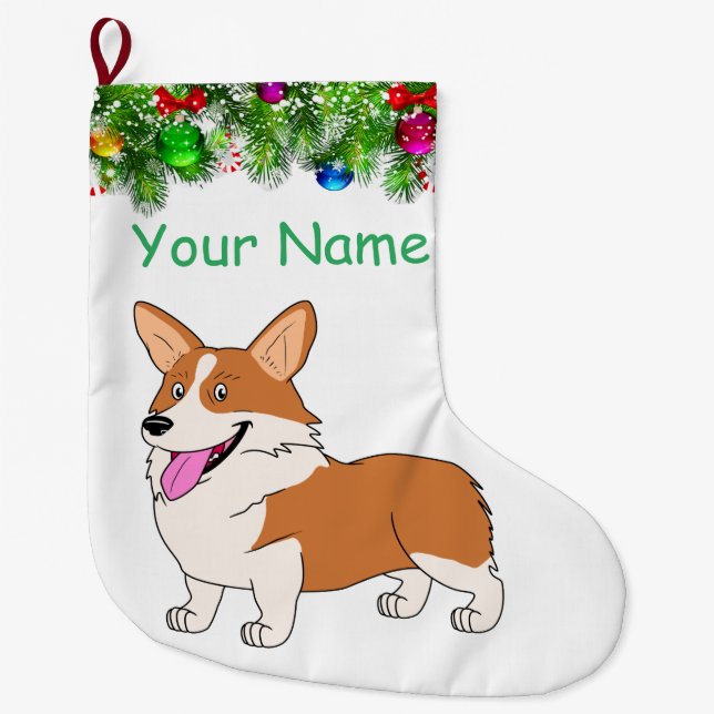 Smiling Corgi Holiday Large Christmas Stocking (Front)