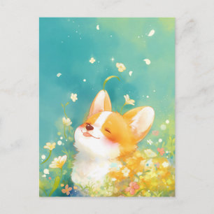 Smiling Corgi Puppy in Sunny Yellow Flower Meadow Postcard