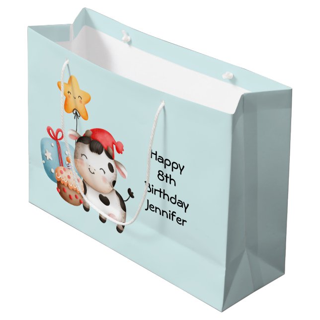 Smiling Cow Cute Adorable Birthday Large Gift Bag (Front Angled)