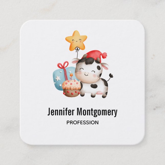  Smiling Cow Cute Adorable Birthday Square Business Card (Front)