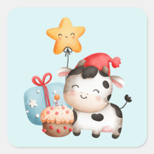 Smiling Cow Cute Adorable Birthday Square Sticker
