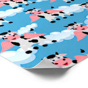 Smiling Cow Pink Wings Flying Animal Funny Cartoon Poster
