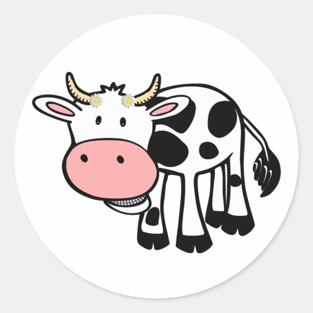 Smiling Cow with Daisies Classic Round Sticker (Front)