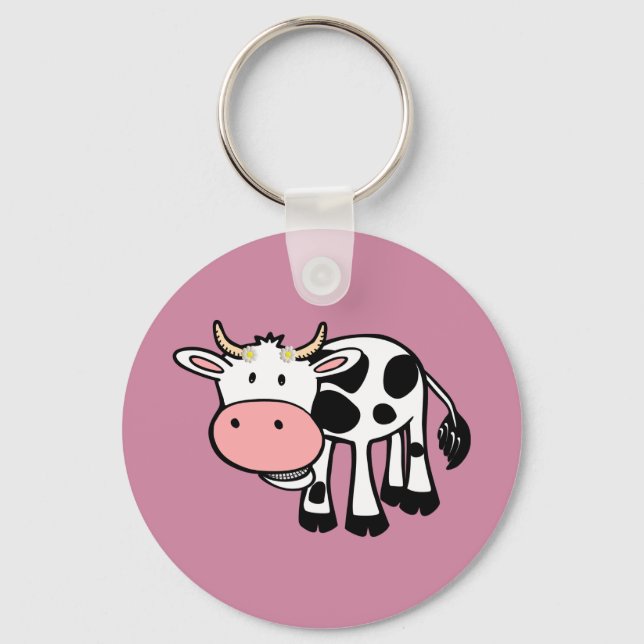 Smiling Cow with Daisies Key Ring (Front)