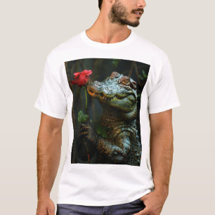 Smiling Crocodile Holding Rose Cartoon T-shirt