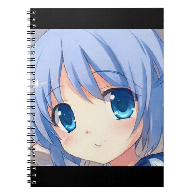 Smiling cute anime manga girl blue eyes violet notebook (Front)