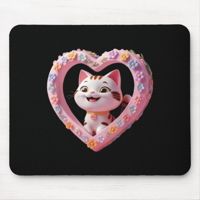 Smiling Cute cat with Heart Funny Unisex Design Mouse Mat (Front)