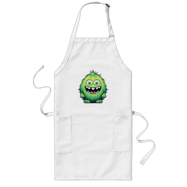 Smiling Cute Green Monster Cartoon Long Apron (Front)