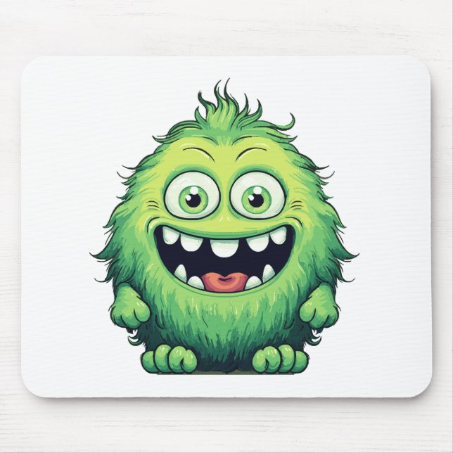 Smiling Cute Green Monster Cartoon Mouse Mat (Front)