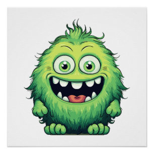Smiling Cute Green Monster Cartoon Poster