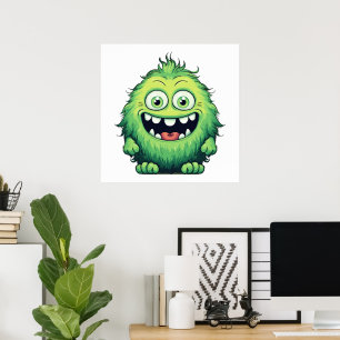 Smiling Cute Green Monster Cartoon Poster
