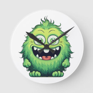 Smiling Cute Green Monster Cartoon Round Clock