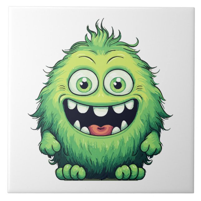 Smiling Cute Green Monster Cartoon Tile (Front)