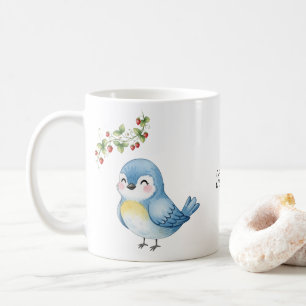 Smiling Cute Little Blue Bird with Strawberry  Coffee Mug