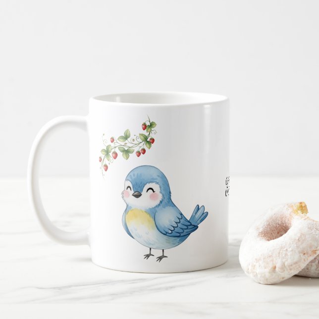 Smiling Cute Little Blue Bird with Strawberry  Coffee Mug (With Donut)
