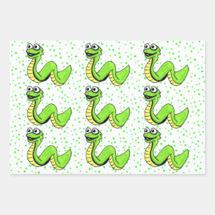 Smiling Cute Neon Green Yellow Snake on Polka Dots Wrapping Paper Sheet