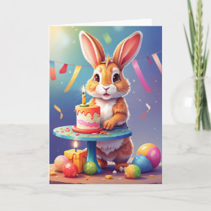 Smiling cute rabbit with cake card