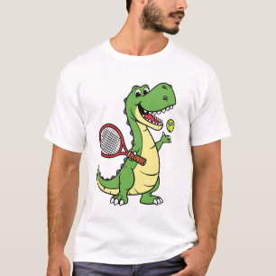 Smiling Dinosaur Playing Tennis Cartoon Design T-Shirt
