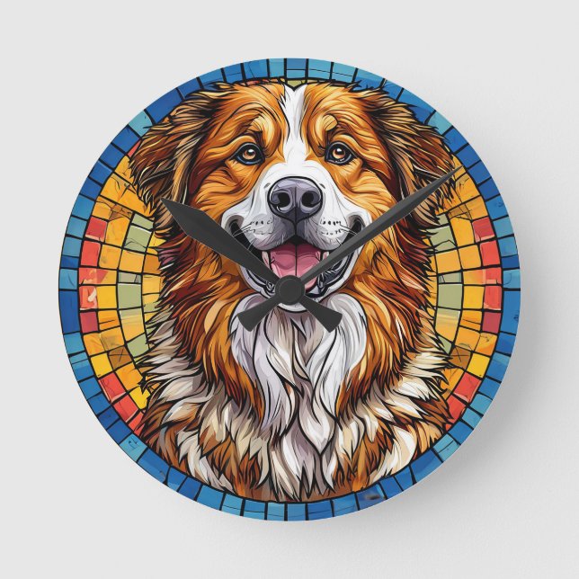 Smiling dog in mosaic background round clock (Front)