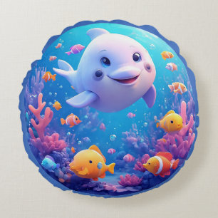 🌊 Smiling Dolphin in Bright Blue Waves 🐬✨ Round Cushion