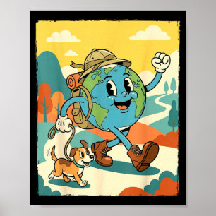 Smiling earth hiking with dog retro cartoon earth poster