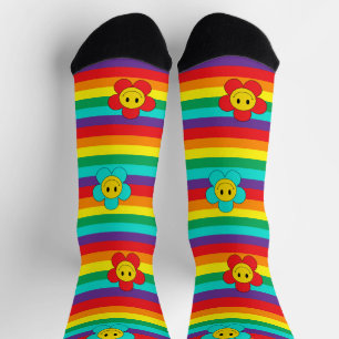 Smiling Emoji Daisies on Rainbow Stripes Socks