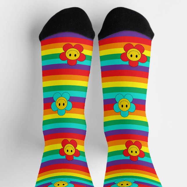 Smiling Emoji Daisies on Rainbow Stripes Socks (Top)