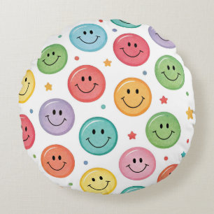 Smiling Emoji Pattern Round Cushion