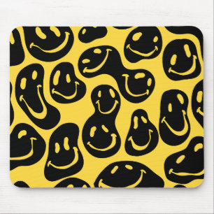 Smiling Face Emoji Distorted Black and Yellow Mouse Mat