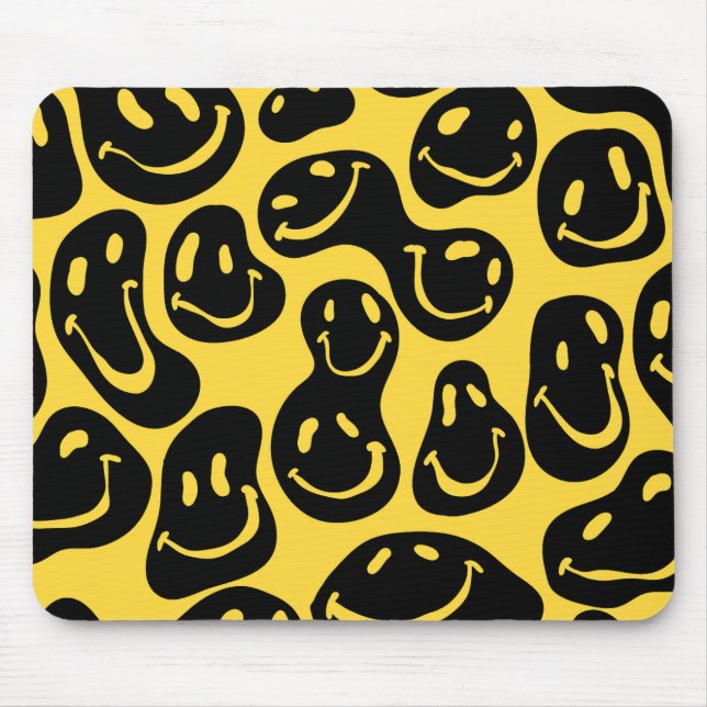 Smiling Face Emoji Distorted Black and Yellow Mouse Mat (Front)