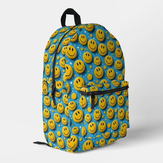Smiling Face Pattern – Cute Yellow Smiles on Blue  Printed Backpack (Back Corner Left)