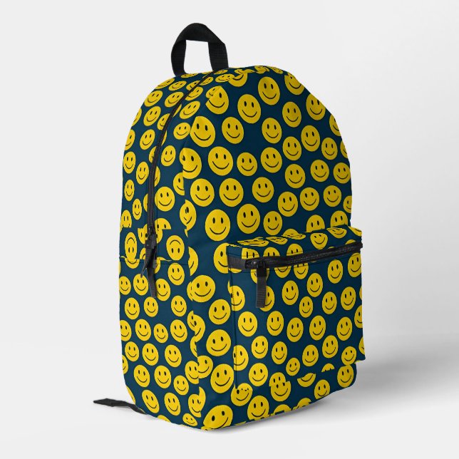 Smiling Face Pattern – Cute Yellow Smiles on Blue  Printed Backpack (Back Corner Left)