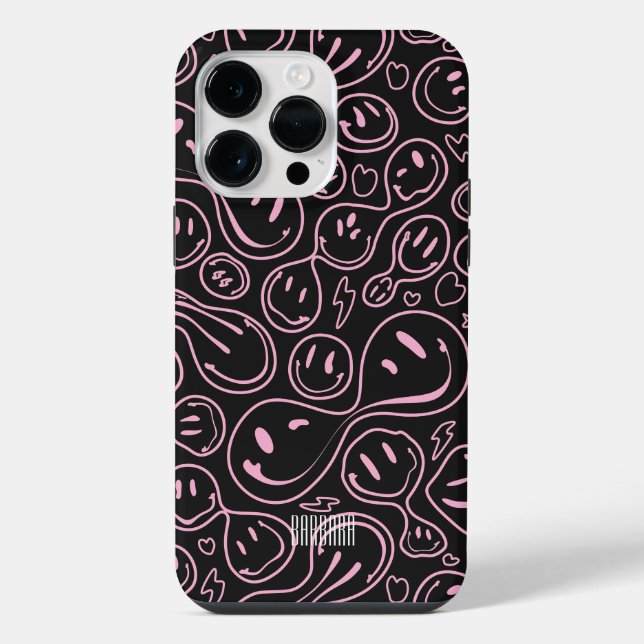 Smiling Face Pattern Groovy Happy Smile Pink Black iPhone Case (Back)