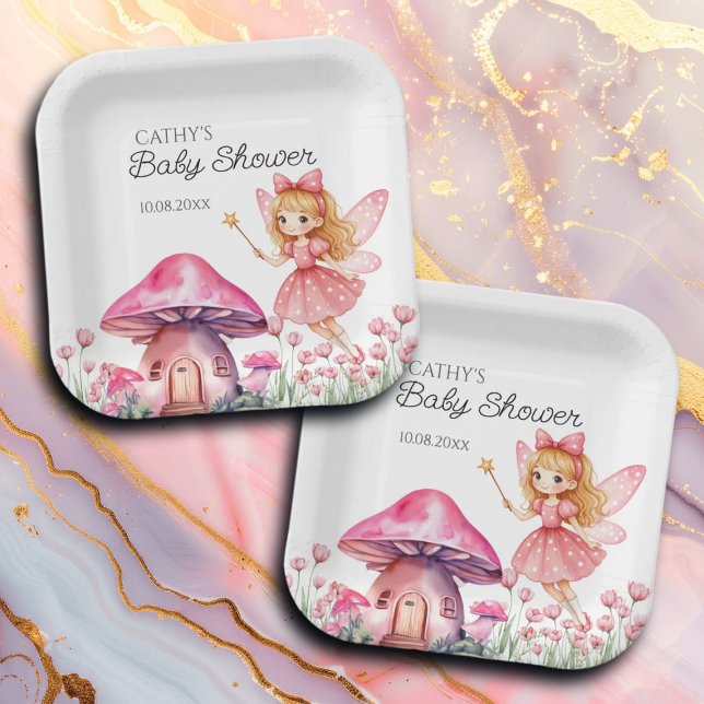 Smiling Fairy and Pink Mushrooms Baby Shower Paper Plate (Creator Uploaded)
