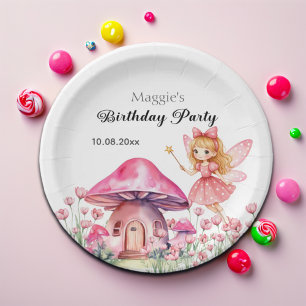 Smiling Fairy and Pink Mushrooms Birthday Party Paper Plate