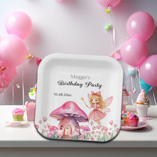 Smiling Fairy and Pink Mushrooms Birthday Party Paper Plate