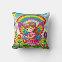 "SMILING FAIRY PICKING FOWERS" - THROW PILLOW