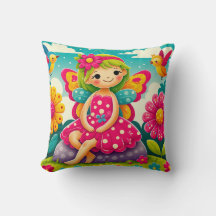 "SMILING FAIRY with BIRDS" - THROW PILLOW