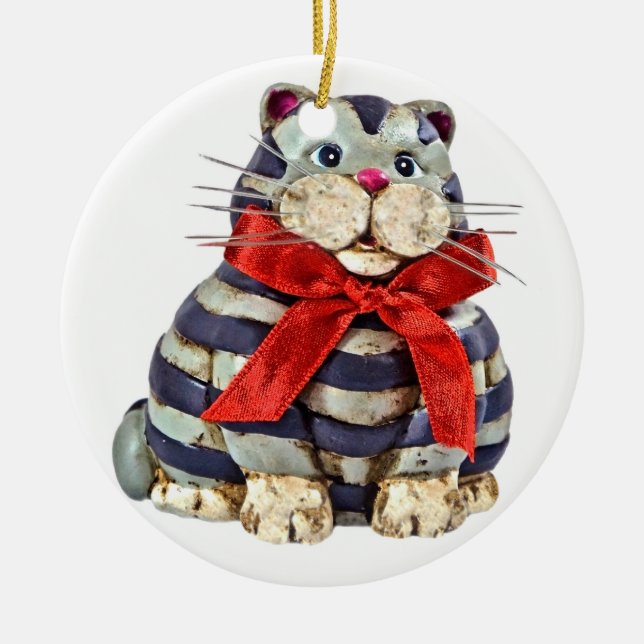 Smiling Fat Cat Ceramic Tree Decoration (Front)