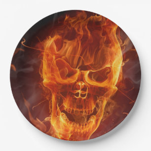 Smiling Flaming Skull Halloween Paper Plate