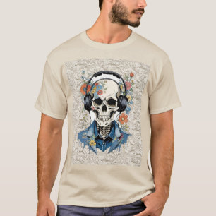 Smiling Floral Skull Listening to Headphones Lace T-Shirt