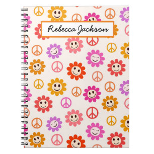 Smiling Flowers pattern with peace signs Girls Notebook