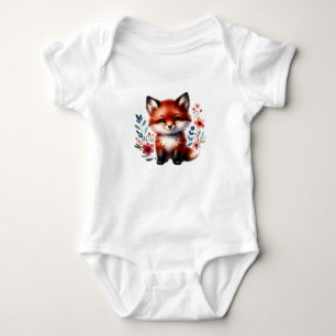 Smiling Fox in Floral Forest Cute Animal Art Baby Bodysuit