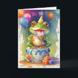 Smiling Frog on Birthday Cake! Card<br><div class="desc">Cute character at celebration party. Blank for your own greeting and personal message inside.</div>