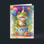 Smiling Frog on Birthday Cake! Card<br><div class="desc">Cute character at celebration party. Blank for your own greeting and personal message inside.</div>